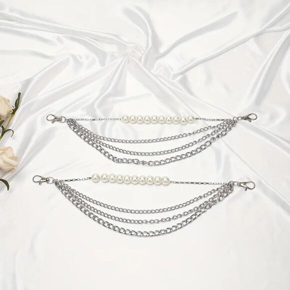 2pcs Decorative Elegant Chic Pearl & Chain Shoe Boot Anklet Chain Set - Picture 2 of 6